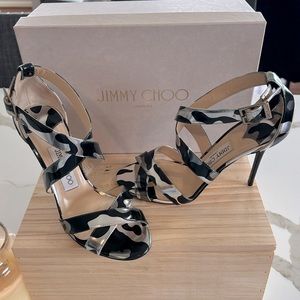 Jimmy Choo Lottie Sandal Steel and Black Pattern Size 8